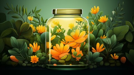 A jar with yellow soft gel capsules stands surrounded by green leaves. Dietary supplements.