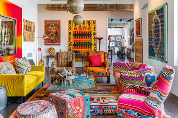 A vibrant, eclectic living room with colorful furniture, unique art pieces, and a mix of textures and patterns.