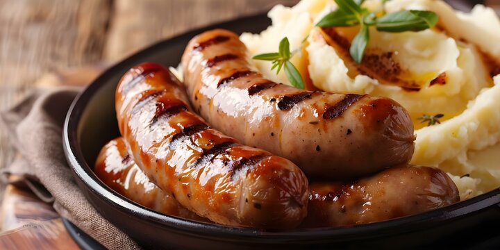 British dish of bangers and mash features grilled sausages with creamy mashed potatoes. Concept British Cuisine, Bangers and Mash, Traditional Dishes, Sausages, Mashed Potatoes