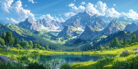 Serene Mountain Lake with Snow-Capped Peaks