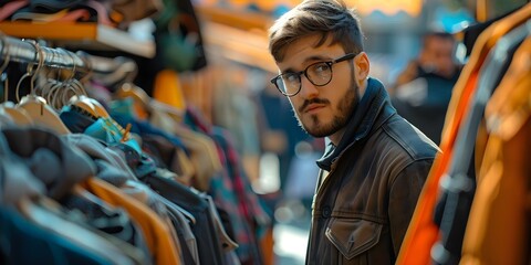 Naklejka premium Young man in glasses shopping for clothes at outdoor market stall. Concept Fashion, Shopping, Outdoor Market, Glasses, Young Man