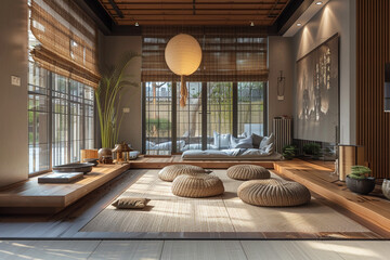 A Zen-inspired living room with natural materials, low seating, and a calming, serene atmosphere.