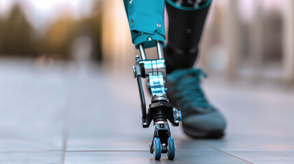 Obraz premium A person with a prosthetic leg is walking on a sidewalk