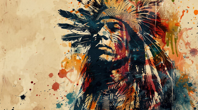 Portrait native american warrior art. American indian in mixed grunge colors style illustration.