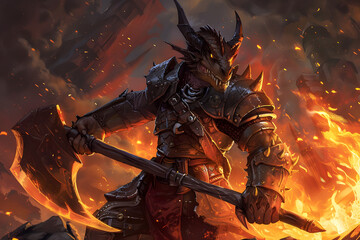A detailed illustration of a fierce dragonborn warrior in full battle armor, wielding a massive axe, with flames and smoke swirling around them, set in a dark and ominous dungeon