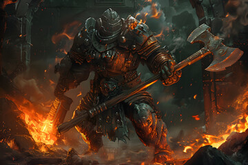 A detailed illustration of a fierce dragonborn warrior in full battle armor, wielding a massive axe, with flames and smoke swirling around them, set in a dark and ominous dungeon