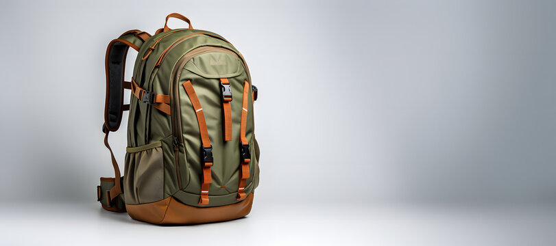 Green tourist backpack on white background. Photo of travel equipment. Banner with a backpack on the left side and empty space on the right