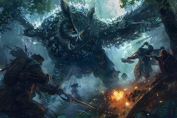 A detailed illustration of a group of adventurers battling a ferocious owlbear in a dense, shadowy forest, with intense action and dramatic lighting highlighting the ferocity of the encounter