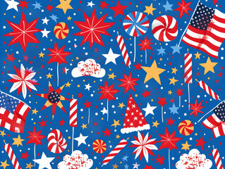 Celebratory pattern featuring American flags, stars, and fireworks in red, white, and blue, perfect for patriotic holiday themes and decorations.