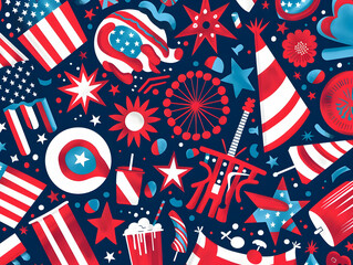 Obraz premium Colorful festive Fourth of July pattern with American flags, stars, and various celebration elements in red, white, and blue.