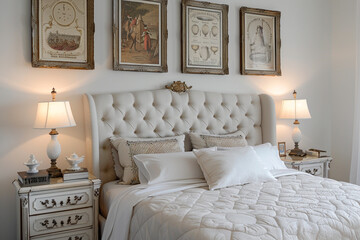 An elegant white bedroom with a tufted headboard, soft lighting, and vintage-style posters above the bed.