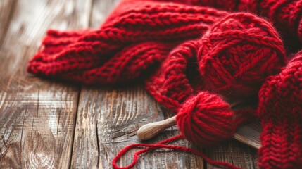 Fototapeta premium Red knitted accessories on wooden background Knitting hobby concept