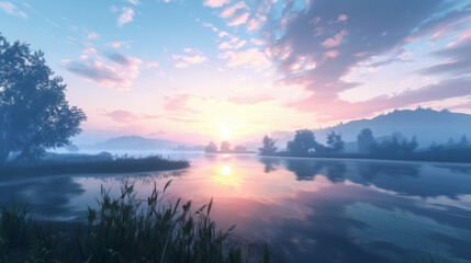 A beautiful sunset over a lake with a tree in the foreground