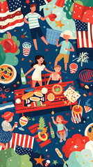 Colorful illustration of a lively picnic with people, food, drinks, and decorations on a blue background.