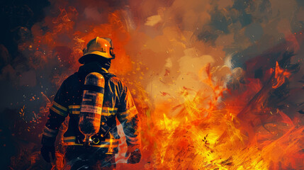 Back view of brave firefighter facing flames in comic style illustration