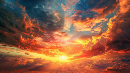 A beautiful orange and blue sky with a sun shining through the clouds
