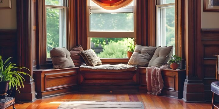 Victorian interior with bay window seat cushion for cozy seating area. Concept Cozy Seating, Victorian Interior, Bay Window Seat, Home Decor, Interior Design
