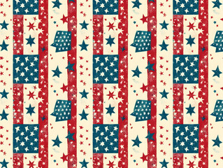Fototapeta premium Seamless vintage American flag pattern with stars and stripes in red, white, and blue colors, perfect for patriotic backgrounds or designs.