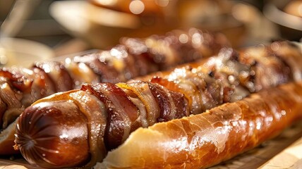 Delicious grilled sausages wrapped in bacon, served in fresh buns on a wooden board. Perfect for a barbecue or casual meal.