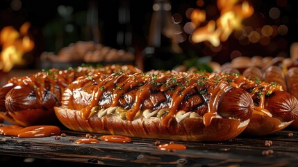 A delicious hot dog topped with caramelized onions and drizzled with spicy sauce on a grilled bun. Perfect for a summer barbecue.