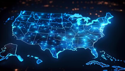 Obraz premium Cyber Sentinel: Guarding the Digital Homeland, map of the USA with sentinel-like cybersecurity icons stationed strategically, protecting digital assets