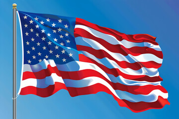 Fototapeta premium Waving American flag against a clear blue sky. Symbol of patriotism, freedom, and national pride. Perfect for patriotic events and celebrations.