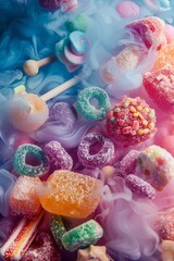 Many different sweets, caramel, cotton candy, candy in a bright colorful fairyland on a blue background of sky and clouds	
