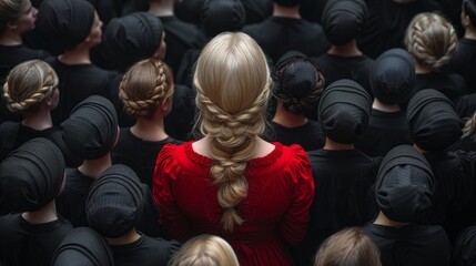 Fototapeta premium A woman in red was standing in the middle of a group of people in black.