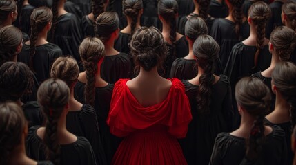 Fototapeta premium A woman in red was standing in the middle of a group of people in black.