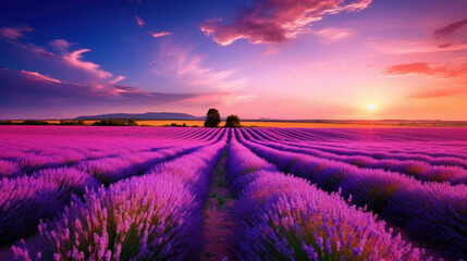 Extensive lavender field in bloom with purple tones and a clear blue sky