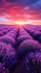 Extensive lavender field in bloom with purple tones and a clear blue sky
