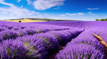 Extensive lavender field in bloom with purple tones and a clear blue sky