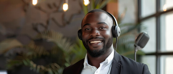 A professional customer service agent in a suit and headset, exuding confidence and readiness to assist with customer inquiries.
