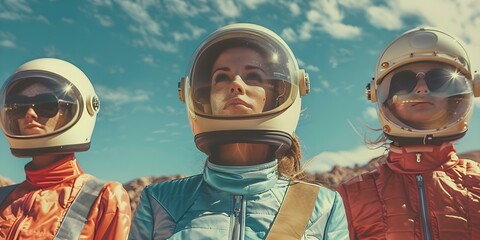 Retro futuristic costumes in vintage photo evoking 60s70s sc. Concept Vintage Fashion, Retro Futuristic, 60s and 70s Style, Costume Photoshoot, Nostalgic Portraits