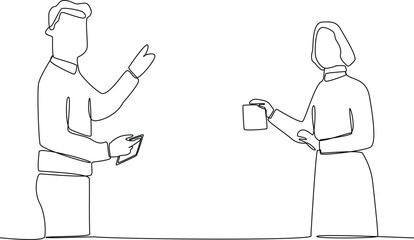 One continuous line drawing of two staff members are discussing together. Business training concept. Trendy single line draw