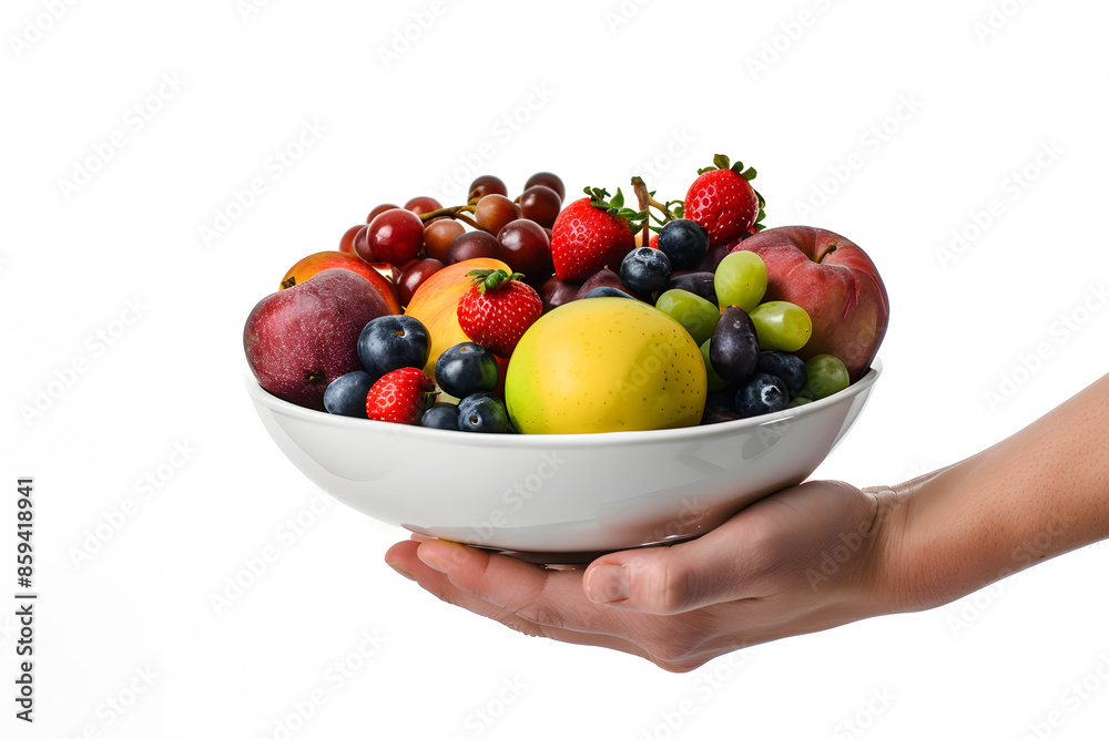 Wall mural Woman's hands holding white bowl with fresh fruits, isolated on white background