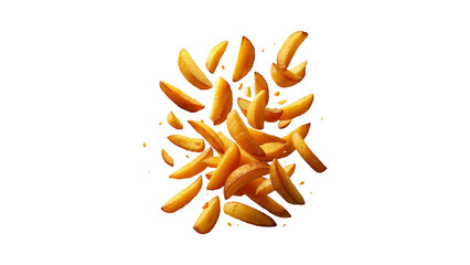 Flying delicious potato fries, cut out, Transparent background.
