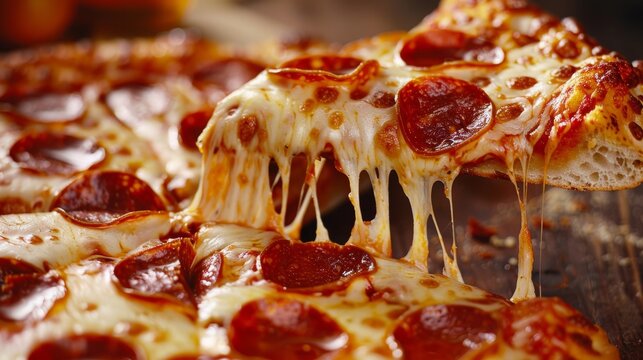 Close-up of a cheesy pepperoni pizza slice being pulled away