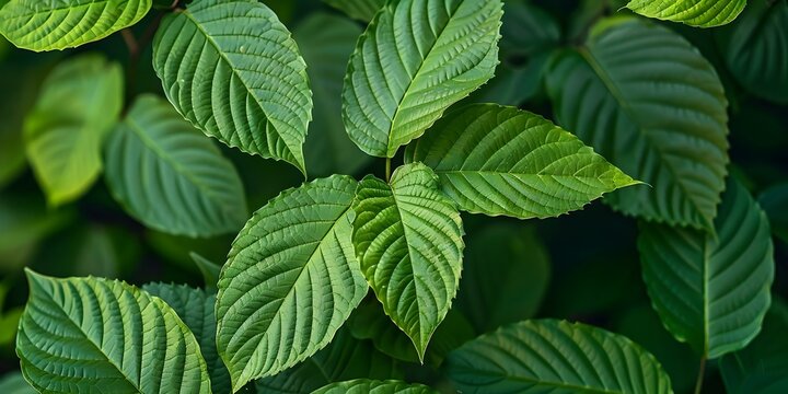 Background of green Kratom tree leaves Mitragyna Speciosa known for medicinal properties. Concept Medicinal Uses, Kratom Trees, Mitragyna Speciosa, Green Leaves, Traditional Medicine