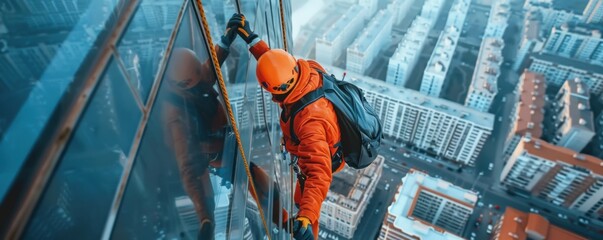 Professional climber on rope is cleaning glass on skyscraper, panorama banner. Generative AI.