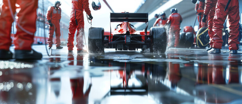 Crew members work briskly on a Formula 1 car in the rain-slicked pit lane, an atmosphere thick with concentration and reflection from the wet ground.