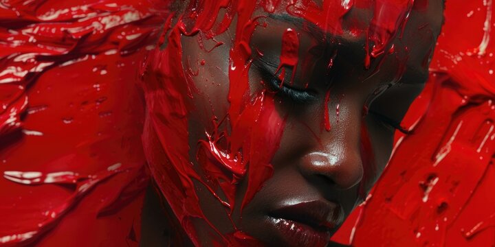 A woman wearing traditional festival or performance makeup with red facial paint, possibly for a theatrical or cultural event