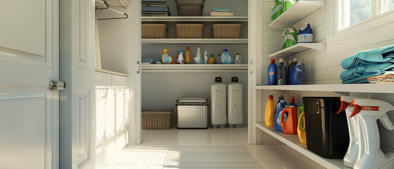 A neatly arranged laundry room exudes order and cleanliness with stored supplies and accessories.