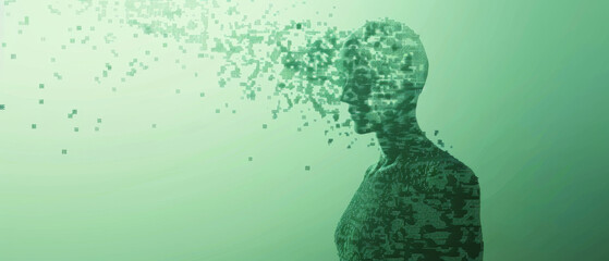 An ethereal green silhouette disintegrates into a pixelated form, representing the fusion of humanity and digital technology.