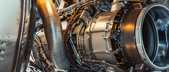 Close-up of an intricate jet engine with its metallic components, demonstrating advanced engineering and precision machinery.