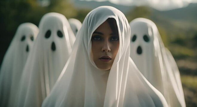 Young woman is posing as a ghost with a group of other ghosts during a halloween celebration. They are all wearing white sheets over their heads with eyeholes cut out