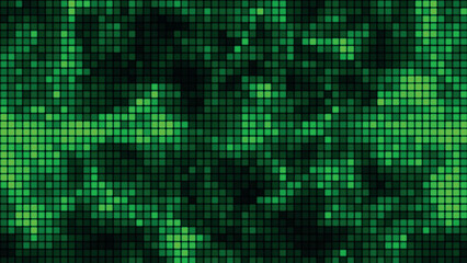 Abstract background of multi-colored squares. Background of green squares of computer mosaic. Bright pixel background. Simple abstract graphic gradient background. Vector illustration.