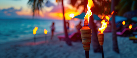 A beach scene with a sunset in the background
