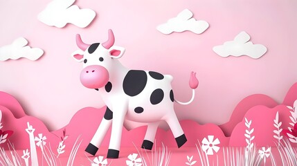 Obraz premium Cute Cartoon Cow in Whimsical Pastoral Landscape with Flowers and Clouds
