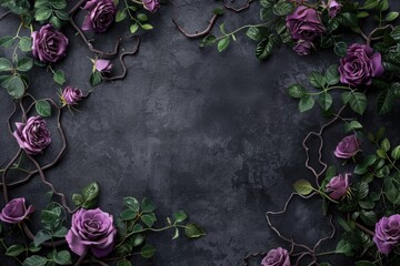 A close-up of a bouquet of purple roses against a dark, matte background